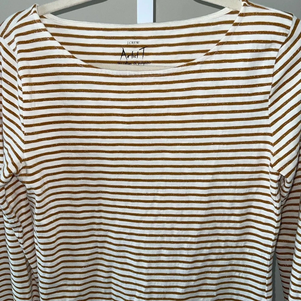 J. Crew Gold Metallic White Striped Long Sleeve Tee Boat Neck Lightweight